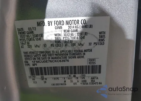 2012 Ford Escape Limited from USA, damaged, VIN 1FMCU0E76CKC63976